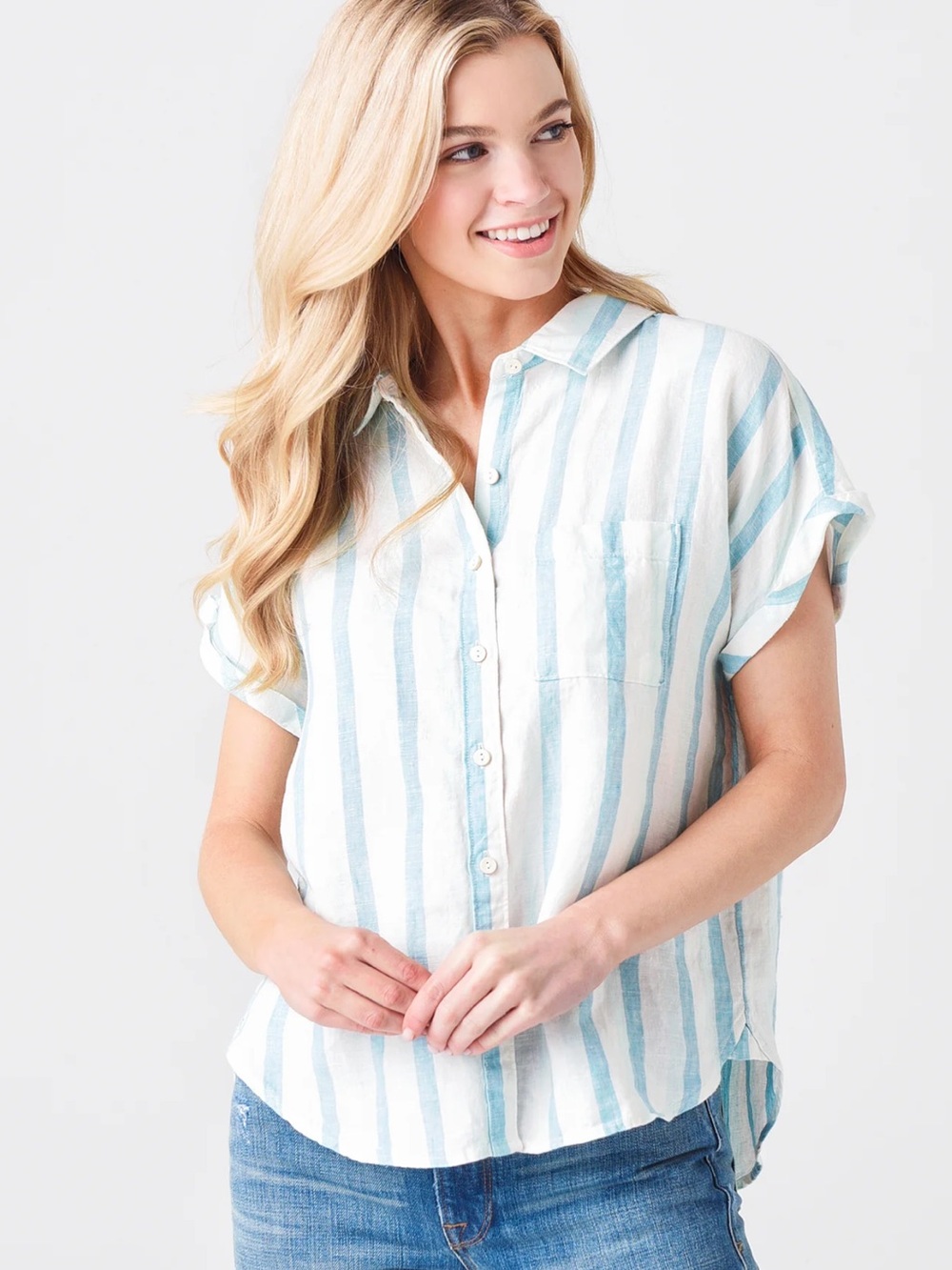 Faherty Avery Linen Shirt, Ocean Catalina Stripe, Size L